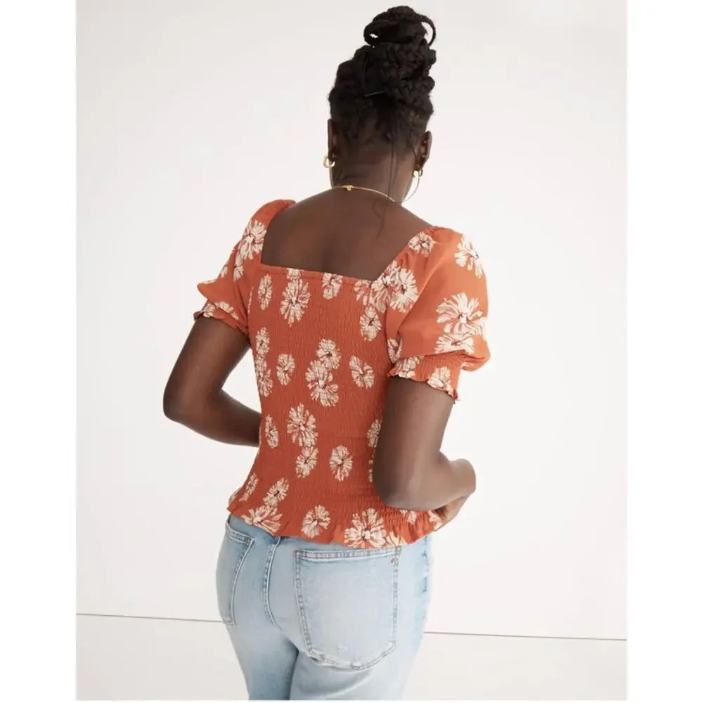 Madewell (Re)sourced Georgette Lucie Puff-Sleeve Smocked Bodice Top Moody Blooms